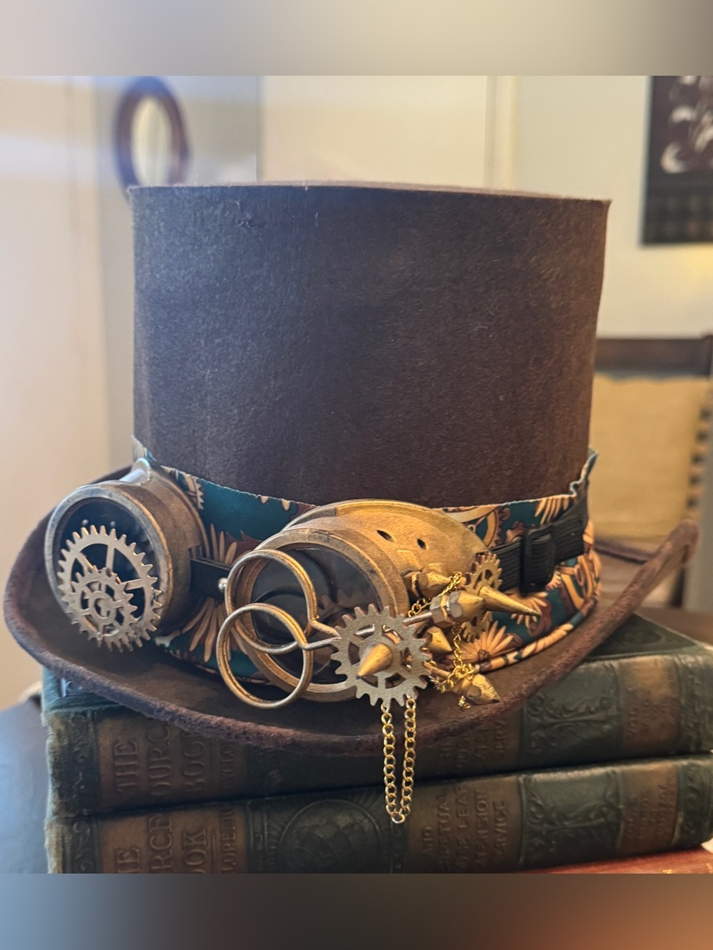 Steampunk Victorian Top Hat Brown Goggles Gears Scarf Cosplay Costume Hat
